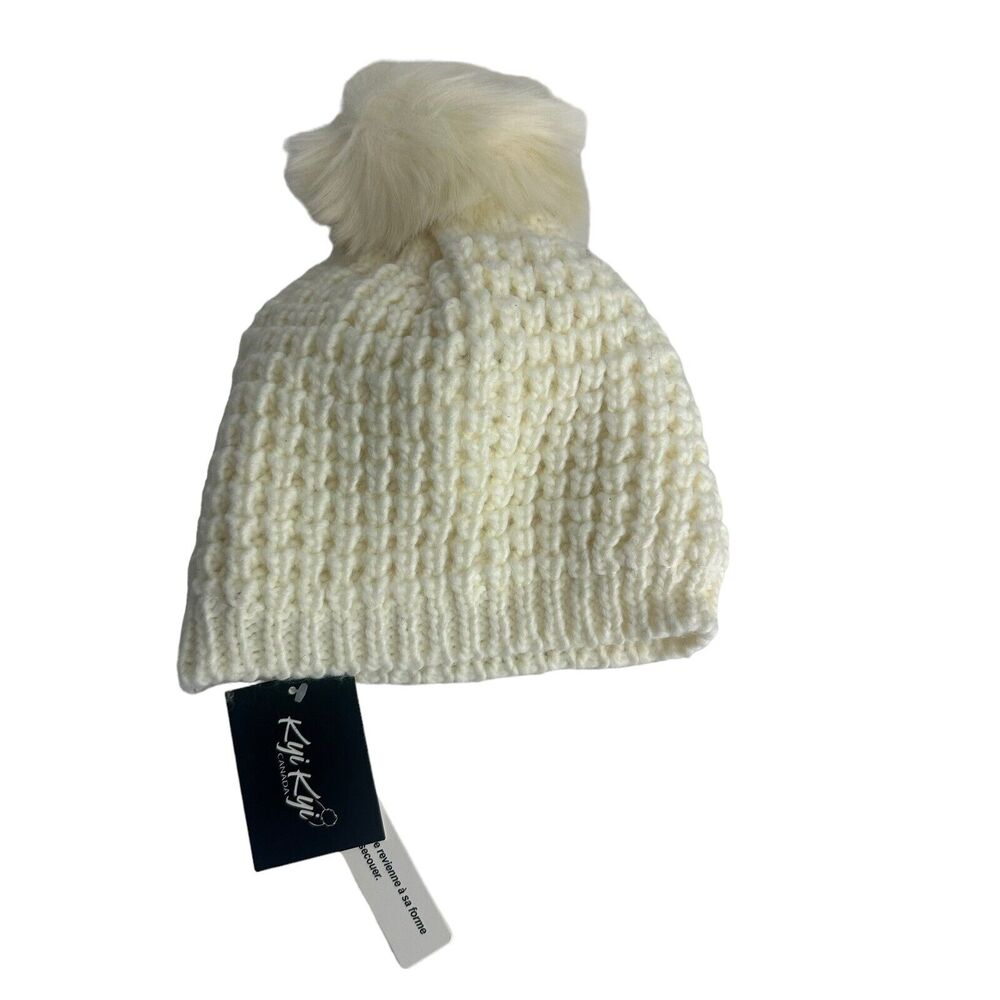 kyi kyi Canada White Faux Fur pom beanie Hat new